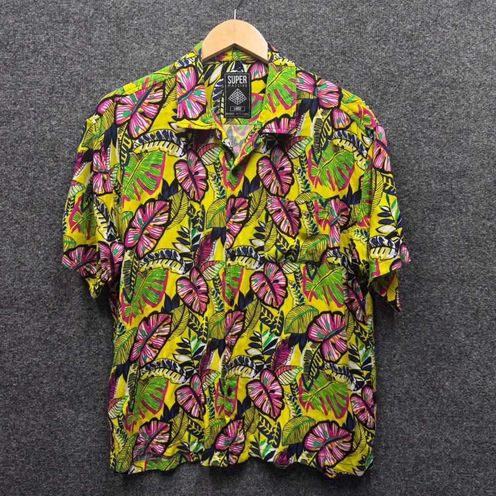 Super Massive Tropical Leaf Button Up Mens Large Yellow Pink Rayon Hawaiian Boho
